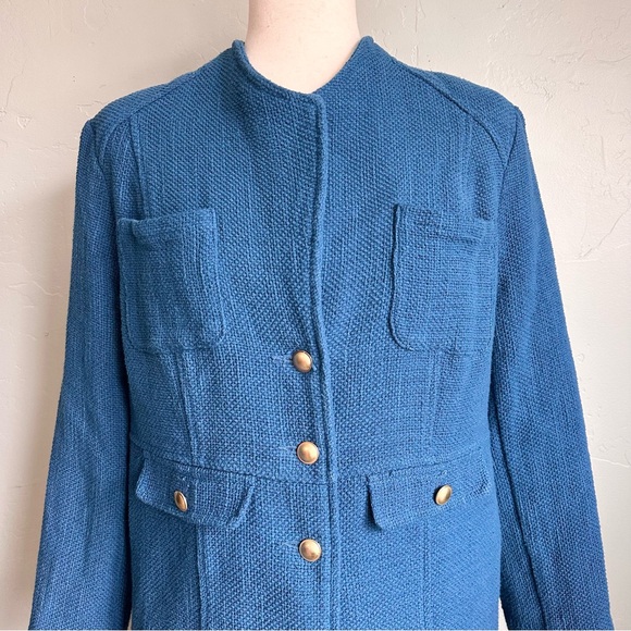 Chico's Women Modern Textured Jacket Blue Gold Buttons Medium 8 EUC Luxe Preppy - Picture 2 of 7